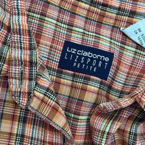 Vintage Liz Claiborne Top, Button Down, Petite Medium, Plaid Long Sleeve, Brown - Picture 2 of 4